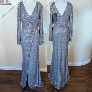 Gunmetal Silver Sequined Long Sleeve Formal Evening Wedding Dress 10